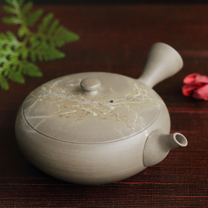 水野博之 窯変白藻掛け平丸急須 満容量200ml 作家もの常滑焼横手