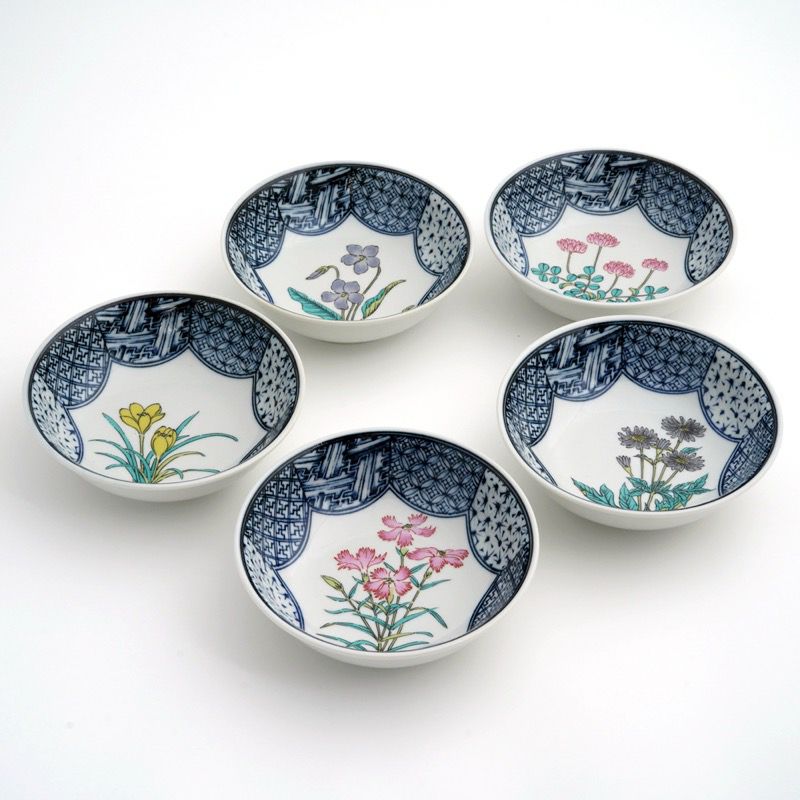 九谷焼 伝統柄 【九谷焼】4.5号皿揃 花鳥絵変り〈5枚〉 |皿や鉢など和