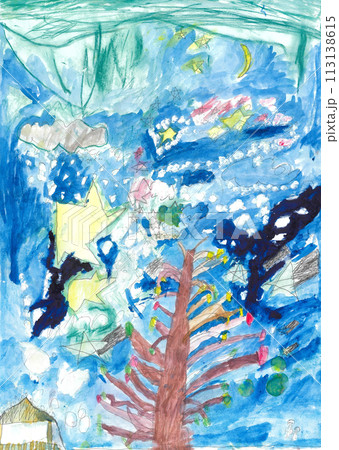 小学三年生が描いた、モチモチの木を題材にした水彩画のイラスト素材