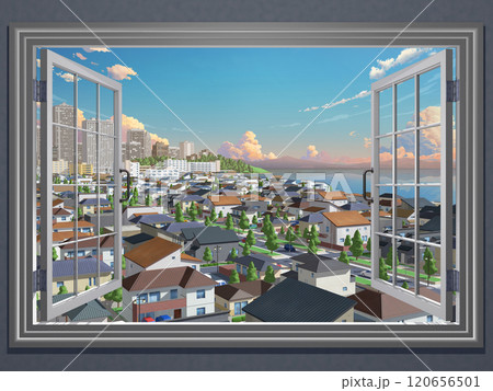 都市 住宅街 CG 窓からの風景 街並み 海のある背景のイラスト素材