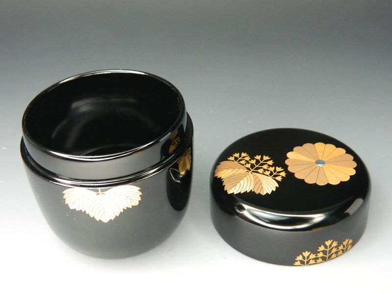 茶道具 黒漆 仁作 柳蒔絵 中棗 共箱 V 7116 茶道具 黒漆 仁作 柳蒔絵