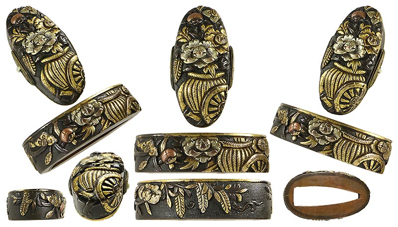 日本刀の縁頭｜赤銅七々子地花車図｜日本刀専門店・東京【十拳】