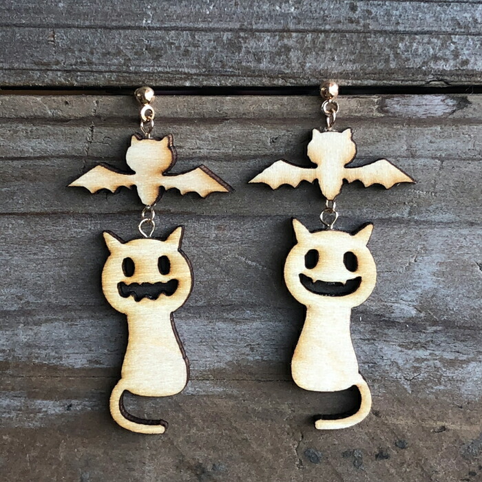 楽天市場】ハロウィンにオススメ！【木製 猫 イヤリング・ピアス