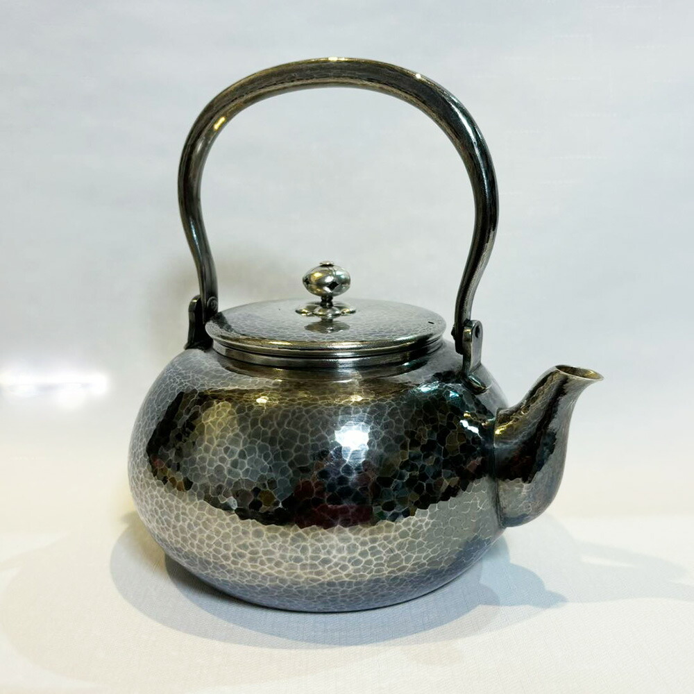 純銀製 象嵌 山水図彫 湯沸 銀瓶 煎茶道具 純銀製 山水図彫湯沸 銀瓶