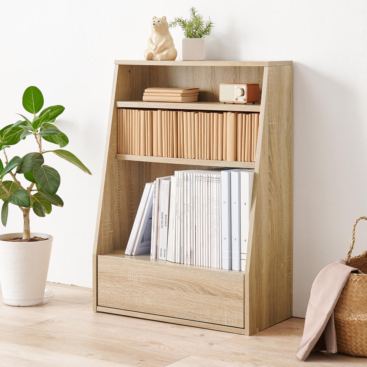 楽天市場】1cmピッチ可動 本棚 幅60cm ロータイプ 可動棚2枚 引出し付