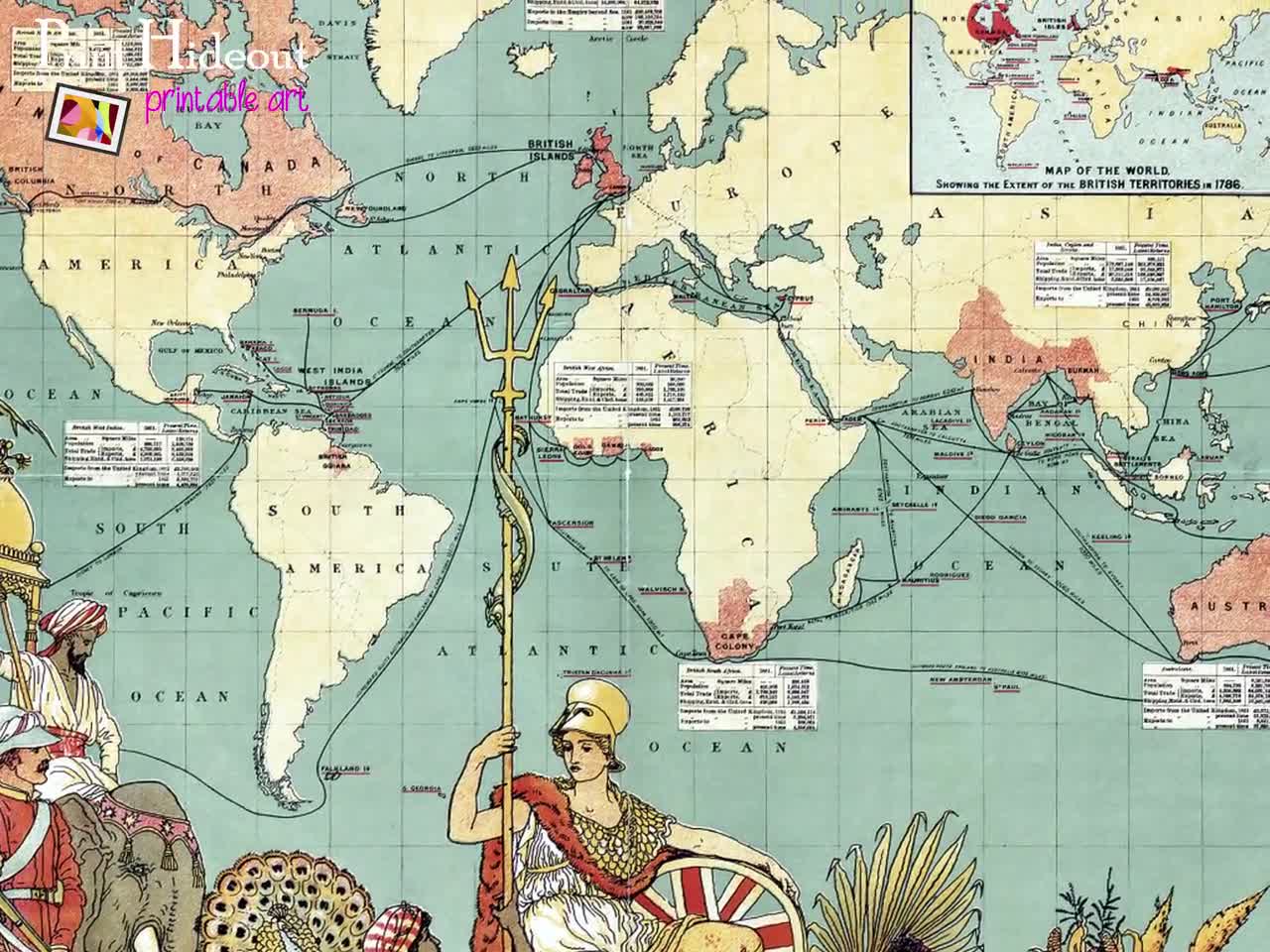 1886年大英帝国世界地図 - ウォルター・クレイン歴史版画