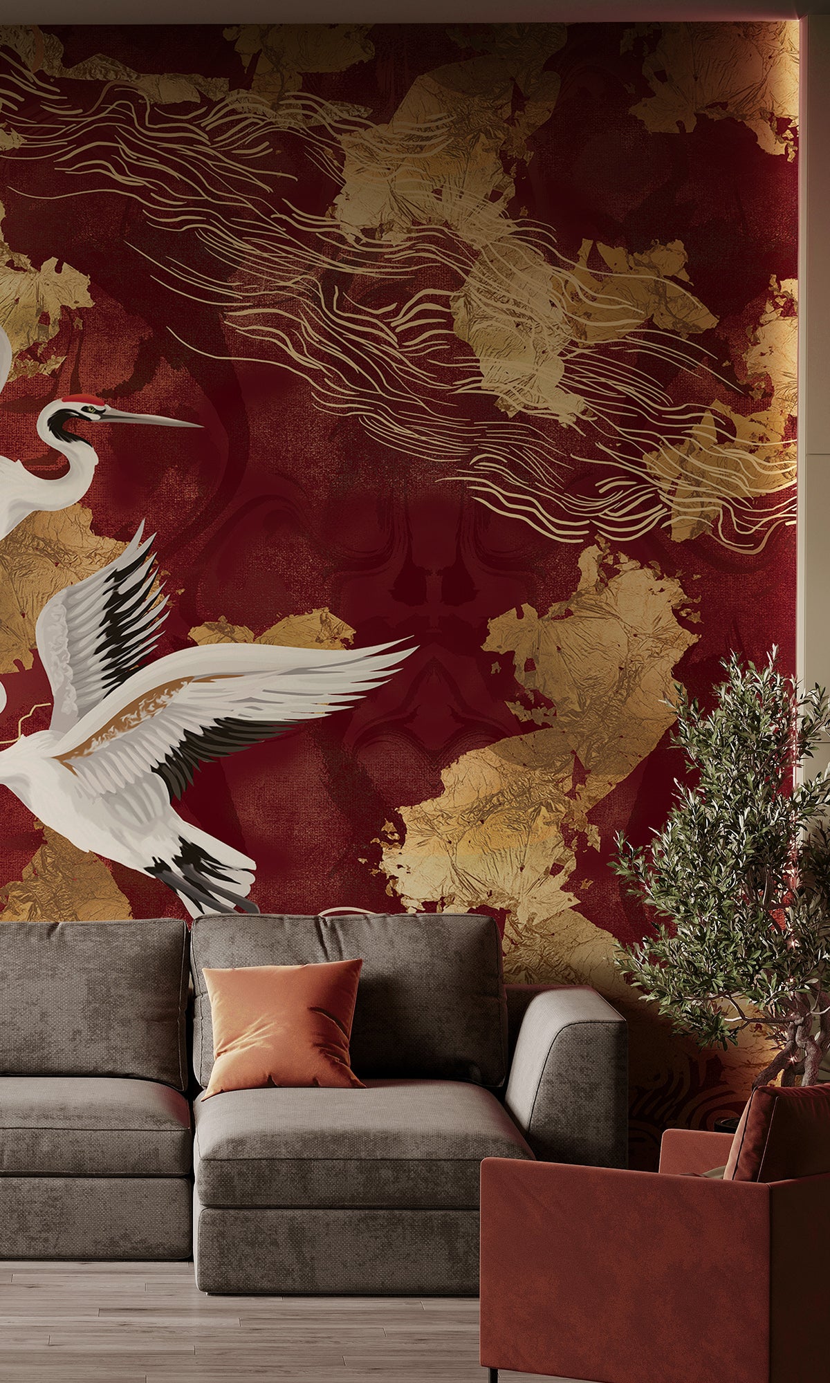 Red Crane on Abstract Clouds Murals M2633 – Walls Republic US