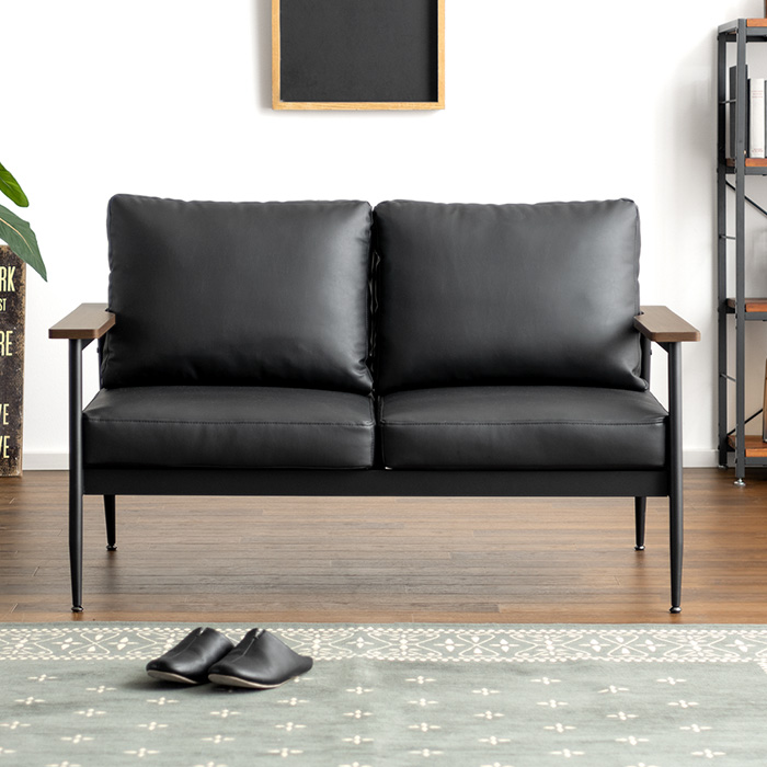 2人掛けレザーソファ ブラック スチール脚 Nolan | 家具・インテリア