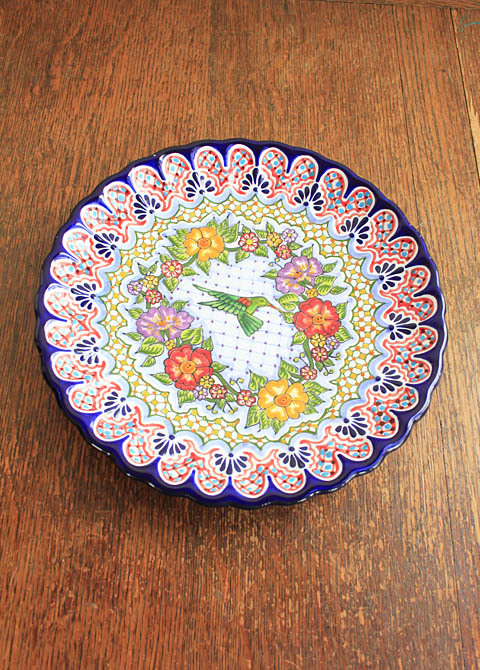 メキシコプエブラ州・陶器タラベラ焼き、ハチドリと花模様・壁掛け