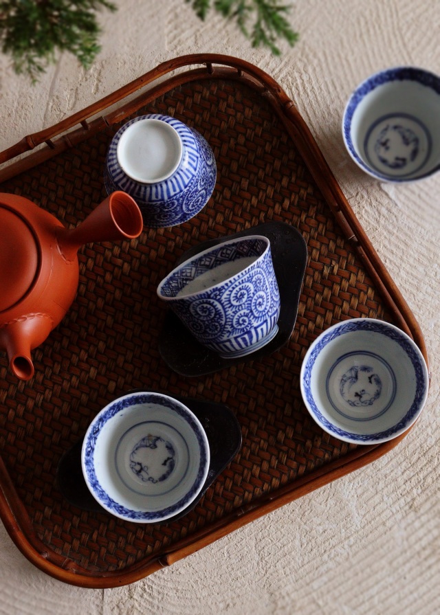 蛸唐草煎茶茶碗 酒器 ぐいのみ 茶器 小鉢 染付骨董 染付蛸唐草 古