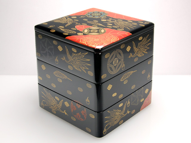 木製本漆塗 白木屋漆器店オンラインショップ＜黒＞6.0角三段重 錦絵