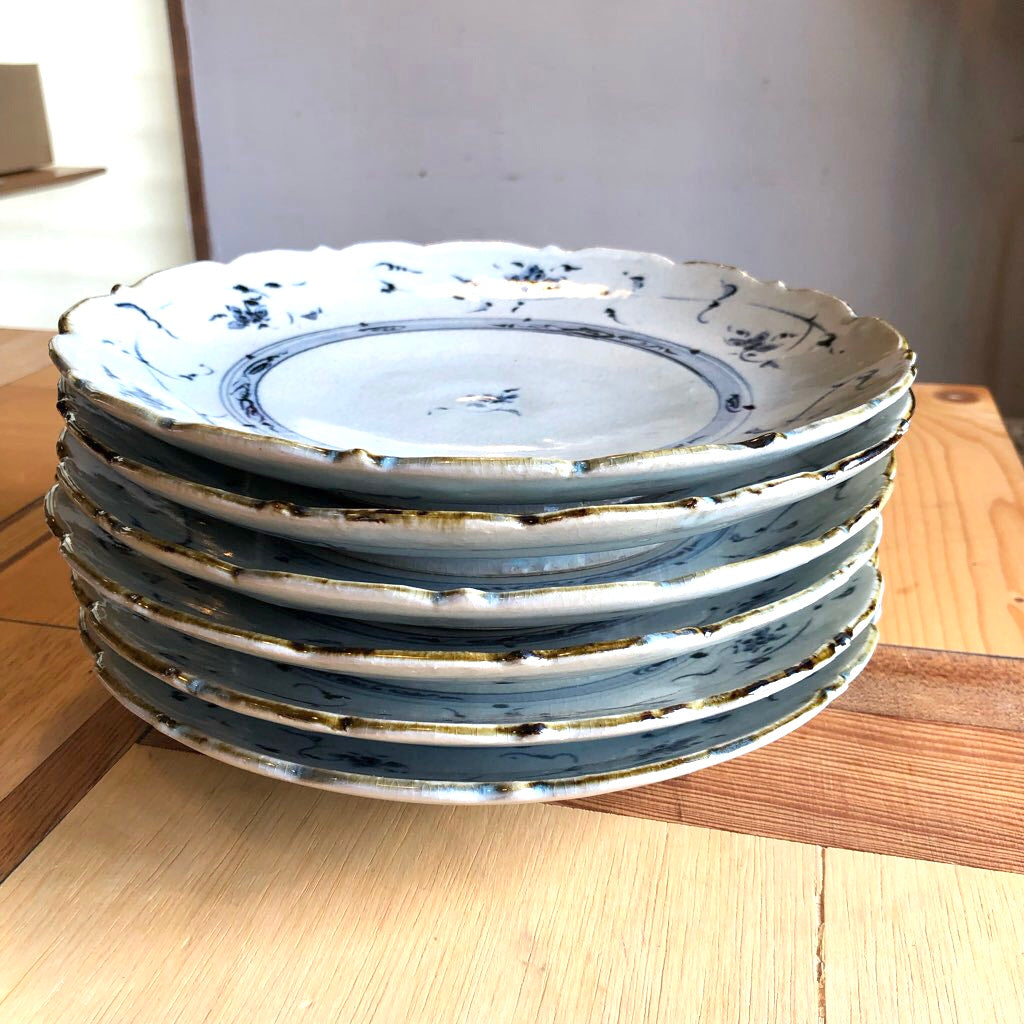 染付輪花大皿 6枚セット 藤田佳三 未使用 丸皿 中古 食器 プレート