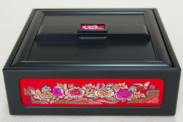 漆手刺繍ソーイングボックス、針箱-赤牡丹梅 裁縫道具 夢市場本店