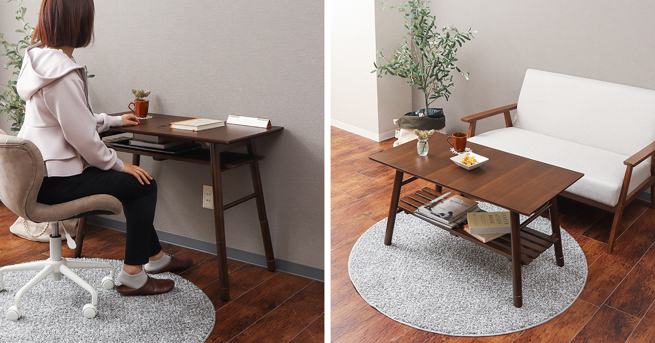 デスクにもテーブルにも。2WAY折れ脚テーブル（しかも棚付）を発売