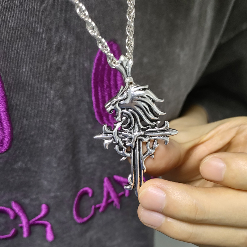 Final Fantasy VIII Lion Head Silver Color Cross Pendant Necklace