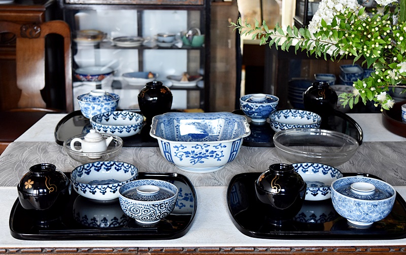 古伊万里 染付 龍 瓔珞模様 輪花型 膾皿 4客セット - 生活骨董と古布