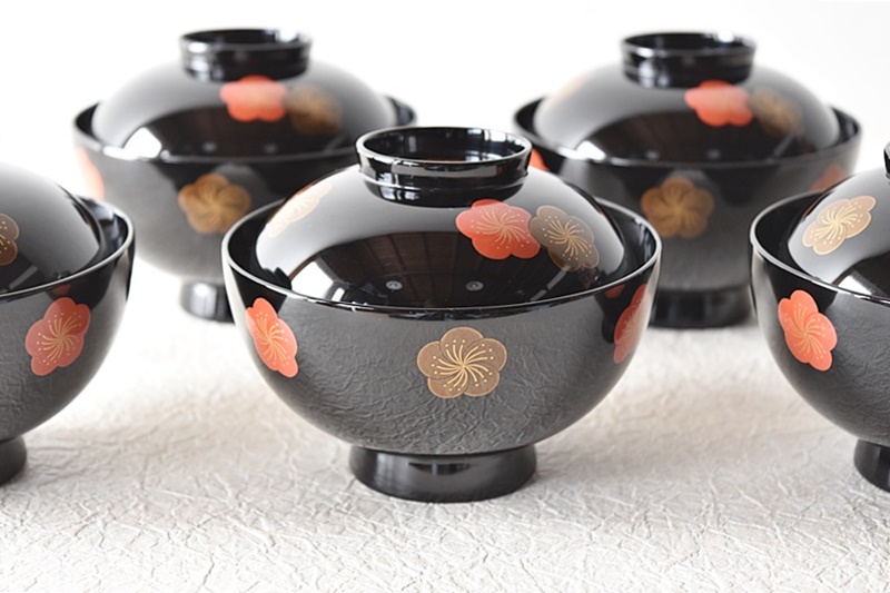天然木製漆塗 輪島塗 梅蒔絵 吸物椀 5客セット 蒔絵師信斎 塗師静峰