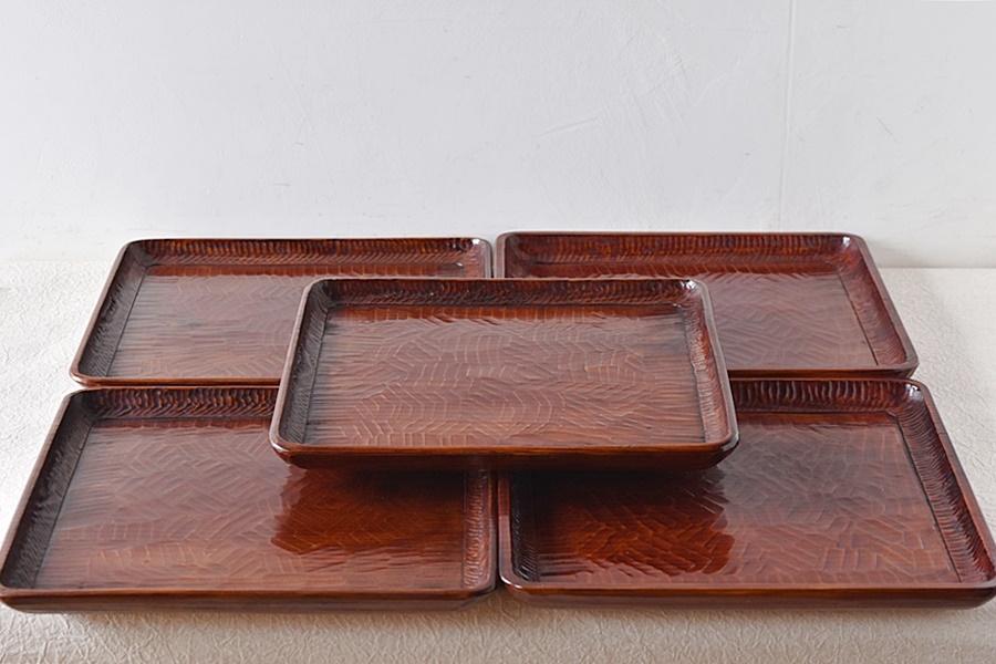 天然木製漆塗 讃岐彫 刳り貫き盆 会席膳 5客セット - 生活骨董と古布