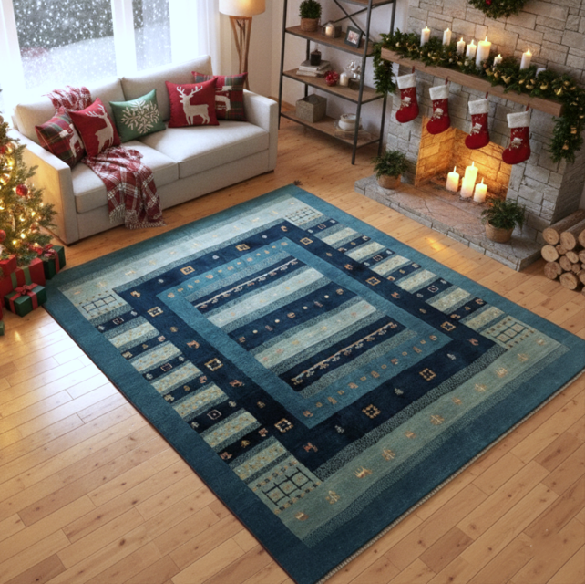 ペルシャ ギャッベ リビング ダイニング ラグ 242x198cm コバルト