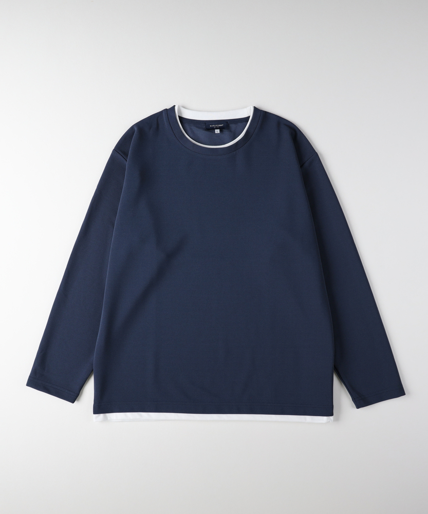 リップルフェイクレイヤードロングスリーブTシャツ(M ネイビー