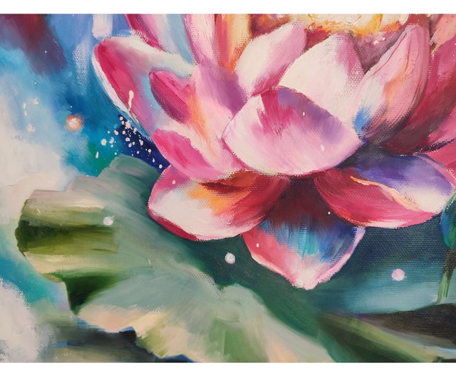ロシア 蓮の油絵 蓮のオリジナルアート ピンクの花のアートワーク 仏教