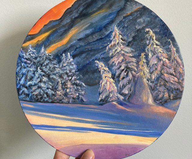 ロシア 冬の油絵、夕焼けの雪の絵、雪のアートワーク、風景の油絵