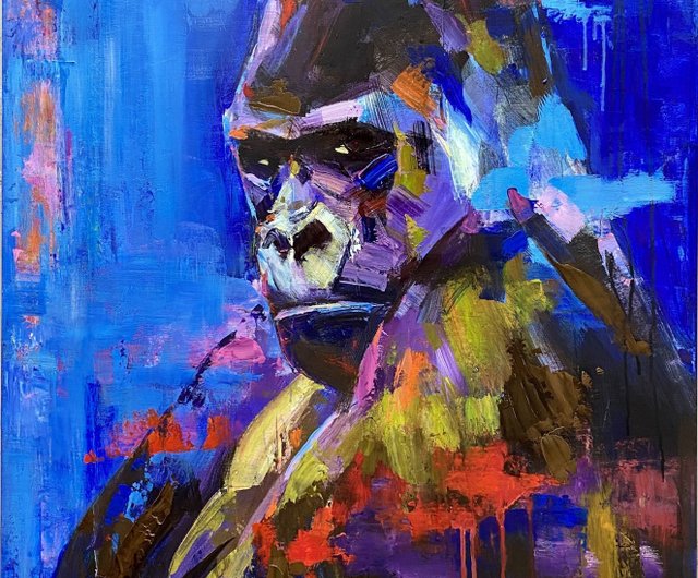 送料無料】スペイン 鮮やかなゴリラの肖像画アート抽象動物絵画ブルー