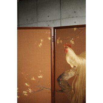 尾長鶏 刺繍画 衝立 Z672｜骨董店 のびる 古美術 骨董 和風建具 蔵戸