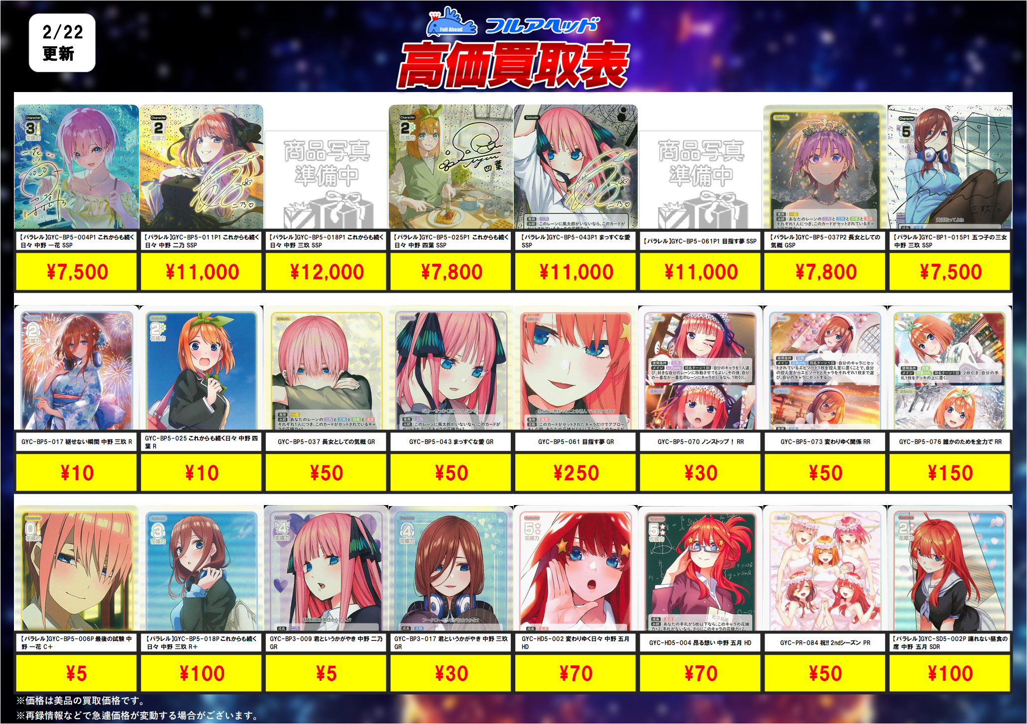 五等分の花嫁 カードゲーム – 【フルアヘッド】高価買取表