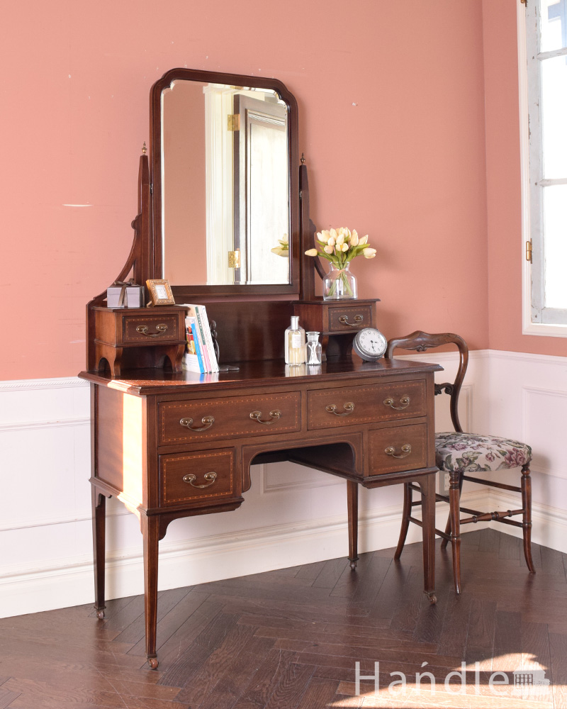 大きなミラーのドレッサー、象嵌入りのアンティーク英国家具(k-1453-f