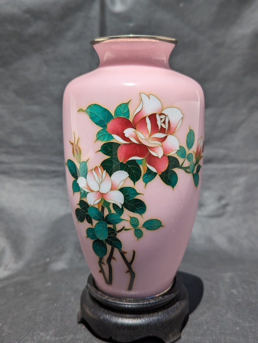 Unique Pink Japanese Sato Cloisonne Enamel Vase With Roses Showa