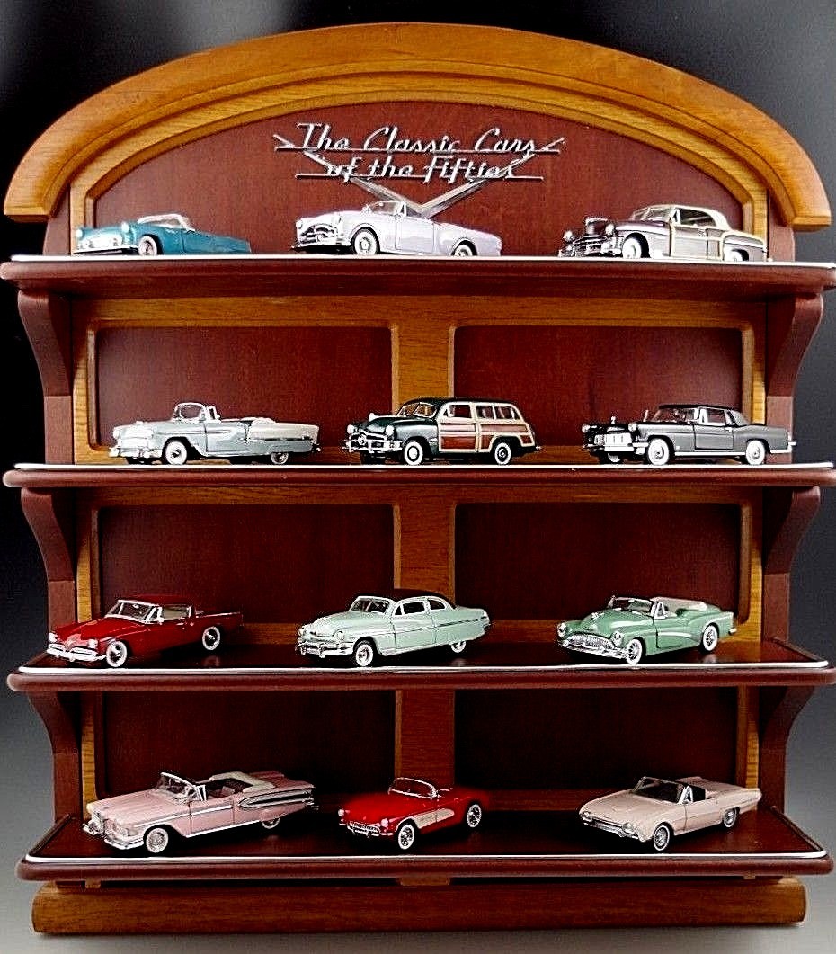 12 FRANKLIN MINT 1:43 SCALE SET CLASSIC CARS WITH DISPLAY SHELF