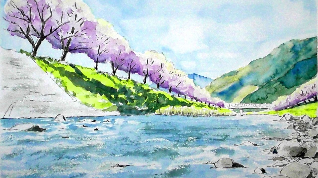 桜並木の堤防と小川 (透明水彩風景画) Row of cherry trees