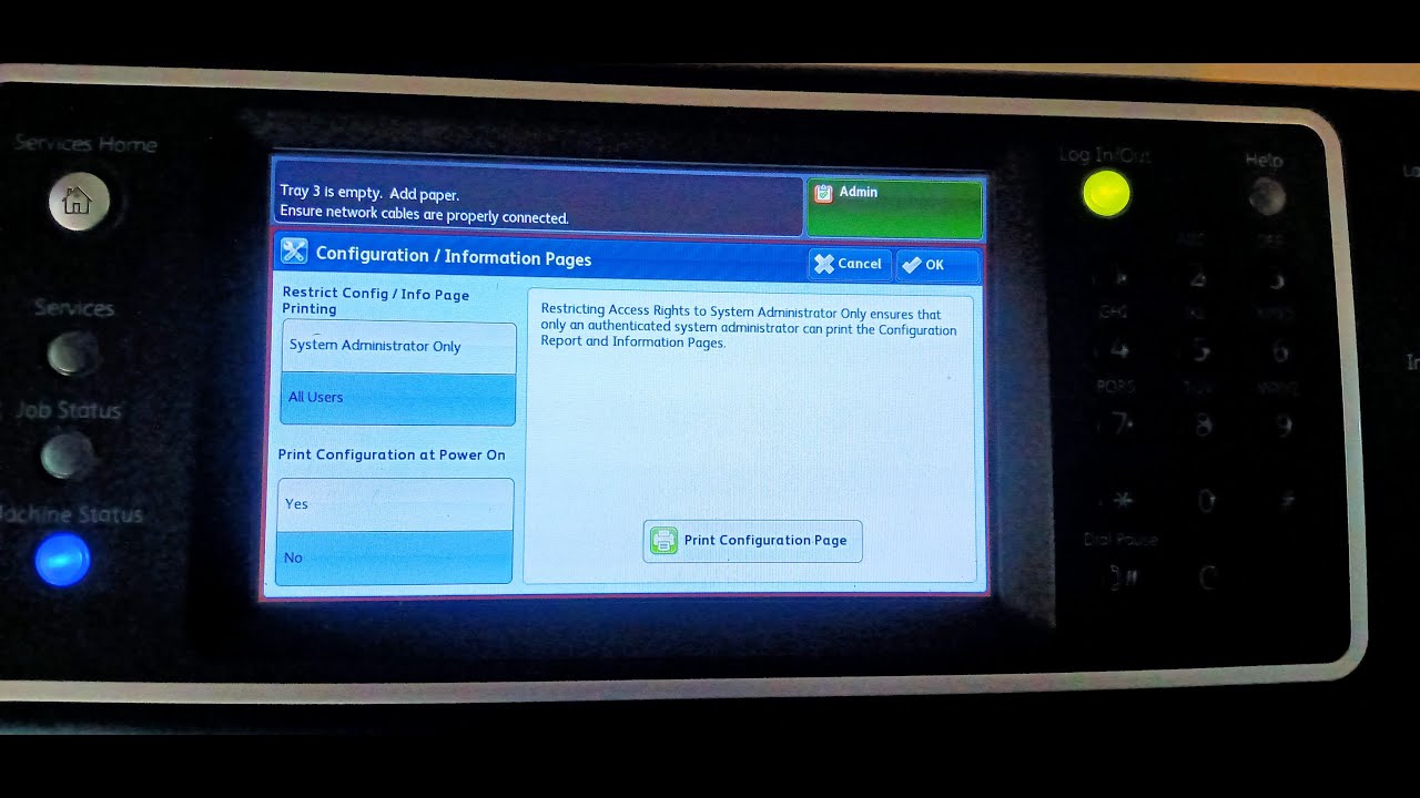 how to disable/enable configuration information pages Xerox 5855