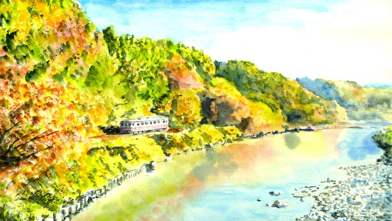 雄大な秋の山々と川 ／ わたらせ渓谷鉄道 【透明水彩風景画】 Autumn