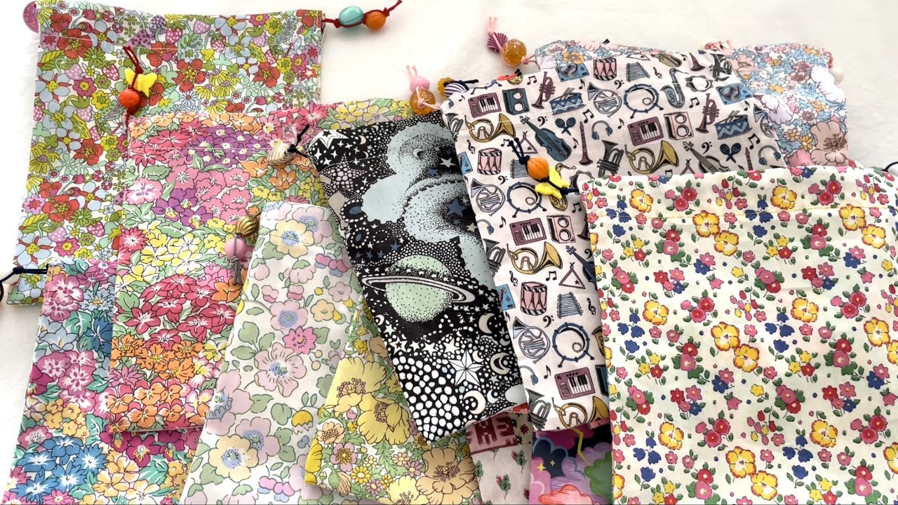 リバティプリントの生地で巾着ポーチをたくさん作りました Pouches