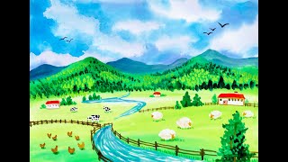 水彩絵の具の透明感を生かして、のびのびとした夏の牧場を描いてみよう