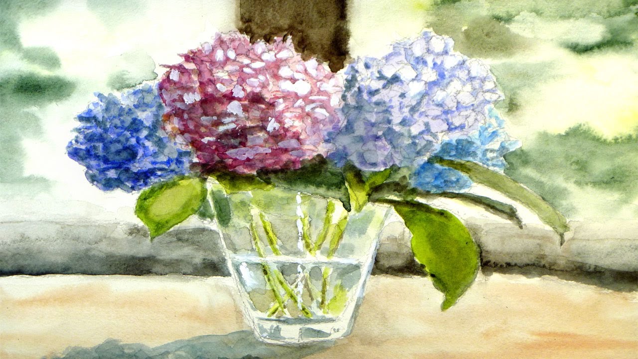 花瓶のアジサイ 【透明水彩風景画】 Hydrangea【Watercolor】 - YouTube