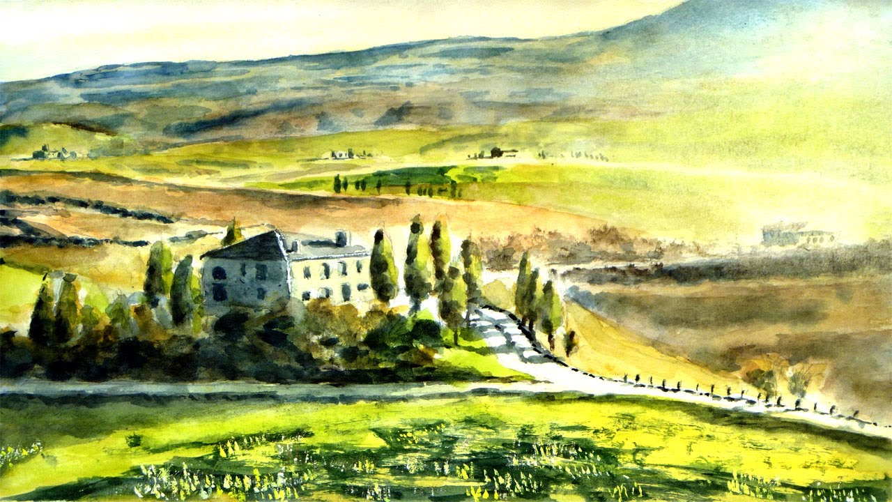 トスカーナ大平原の秋／イタリア 【透明水彩風景画】 Evening view at