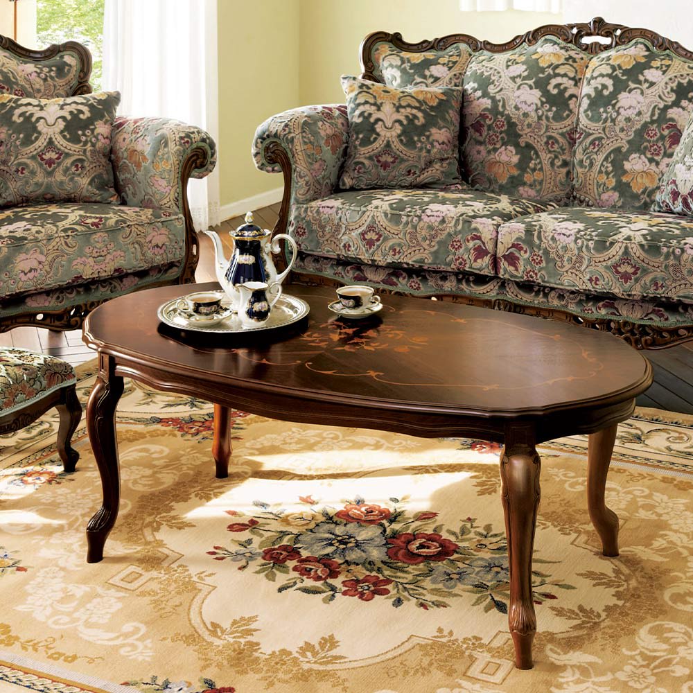 木製テーブル 象嵌細工 ダークブラウン