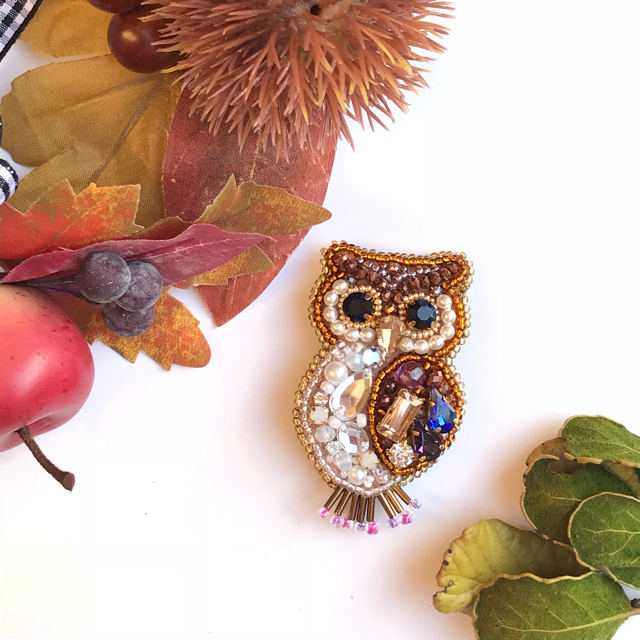 フクロウ☆ビーズ刺繍ブローチの通販 by ハンドメイド♡主にビーズ刺繍