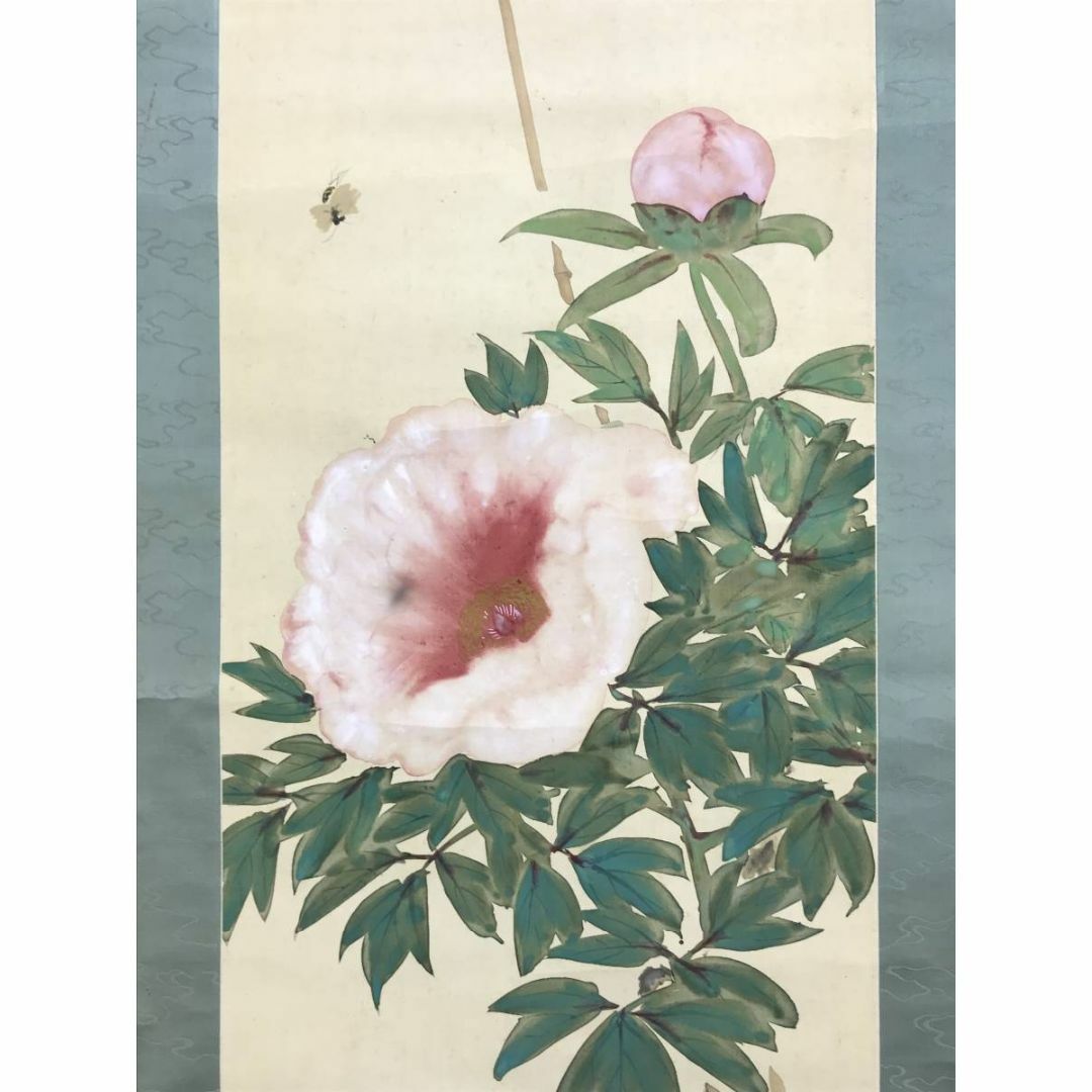真作】竹内鳴鳳/牡丹に蜂図/ボタン図/花図/掛軸☆宝船☆AD-822の通販