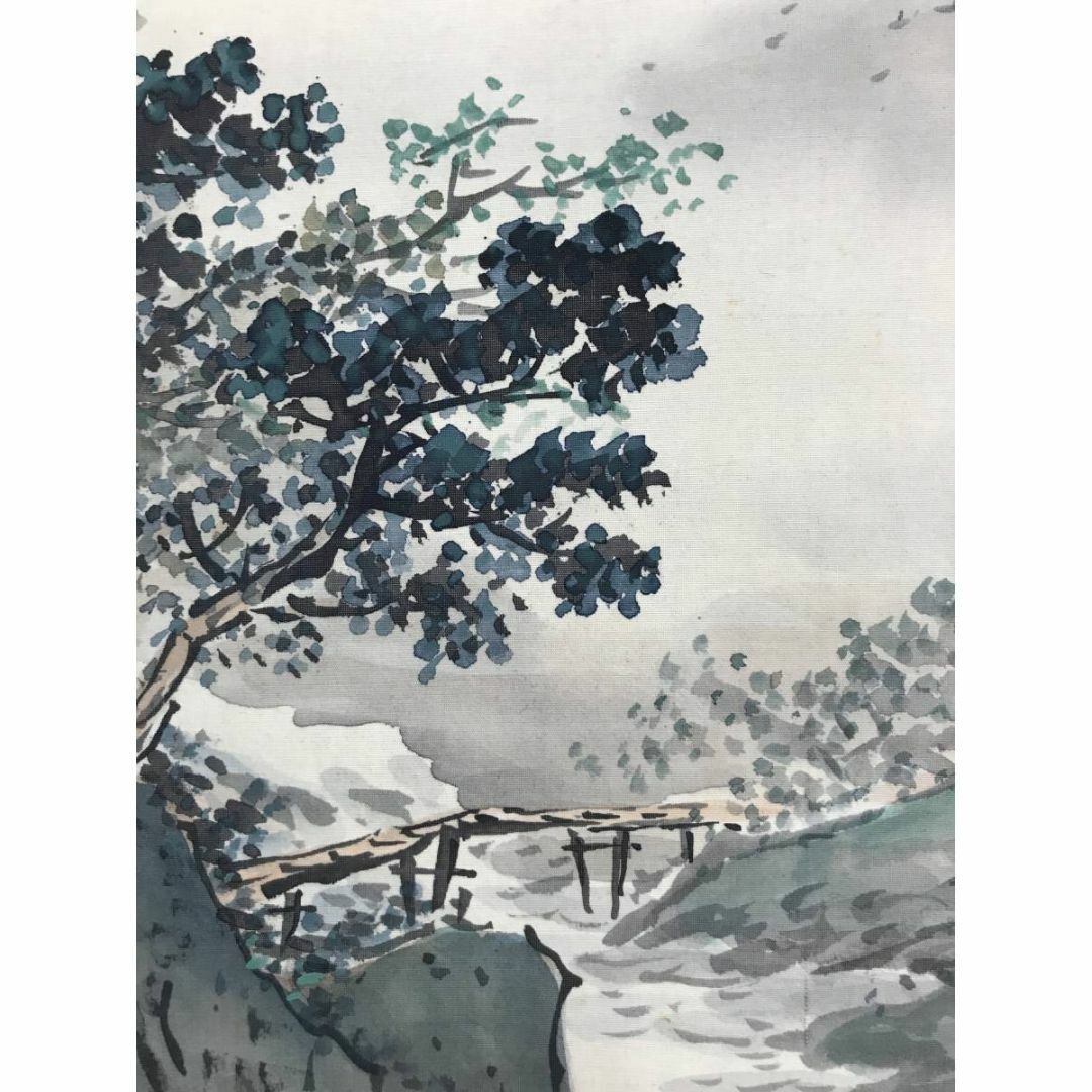 真作/青坡/山村清境/山水図/江村図/横物/掛軸☆宝船☆AD-133の通販 by