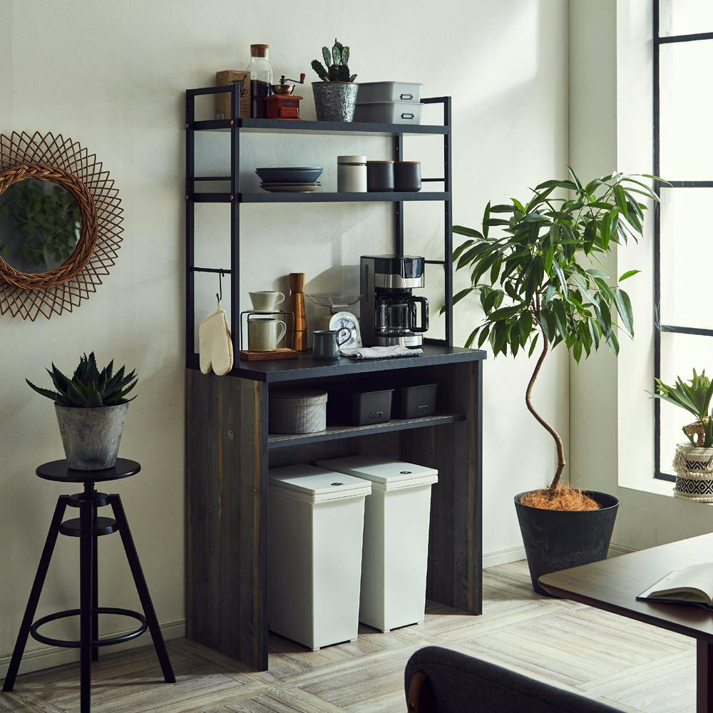 後藤家具物産 古木風木目柄のアイアン仕様の異素材カップボード アイン