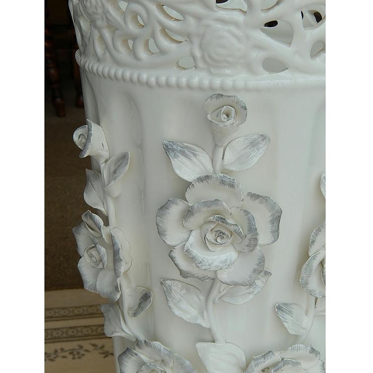 傘立て アンブレラスタンド 筒形 円筒形 陶器 ホワイト 白 薔薇柄 バラ