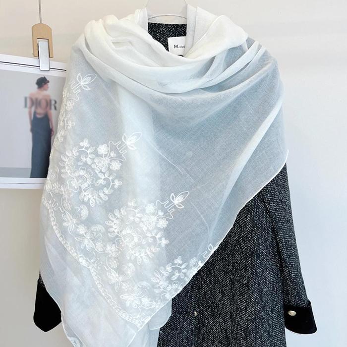 在庫限り 大判ストール ロング ホワイト 白 刺繍 無地 花柄 コットン