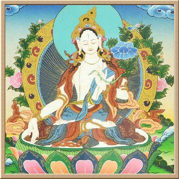 タンカ (チベット仏教 仏画) ホワイトターラ菩薩 約40x30cm グレードB