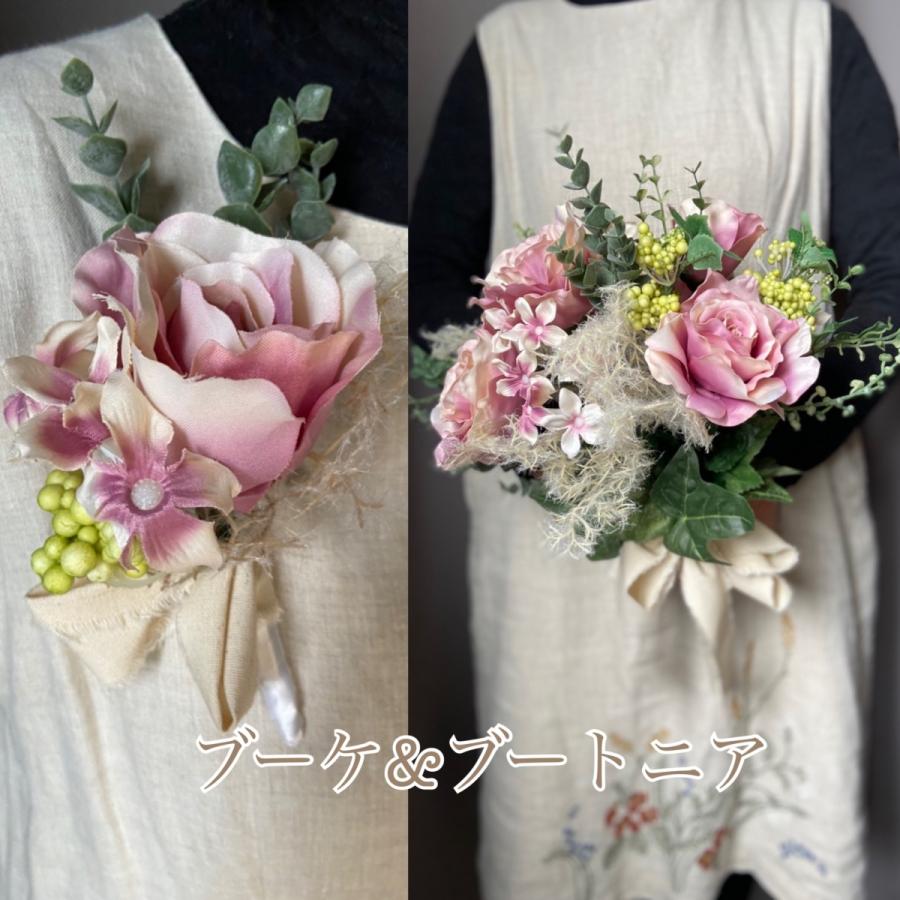 ブライダルブーケ ブートニアセット ウェディングブーケ ピンク 薔薇