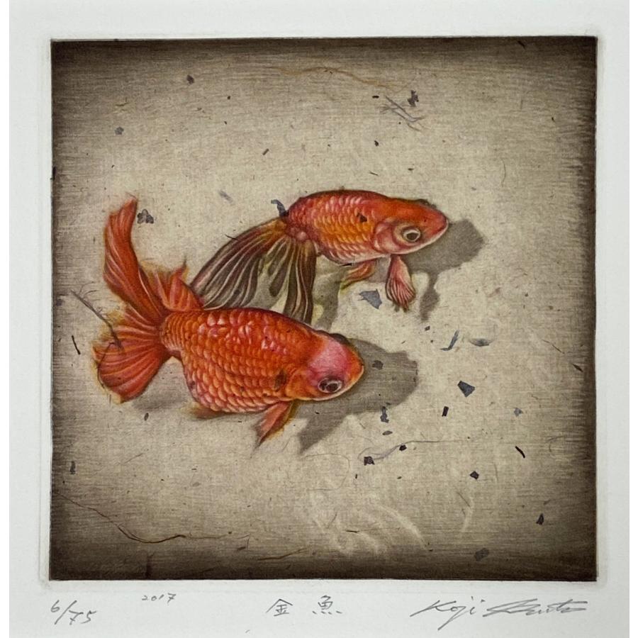 生田宏司「金魚」銅版画 カラーメゾチント 額装 魚 きんぎょ