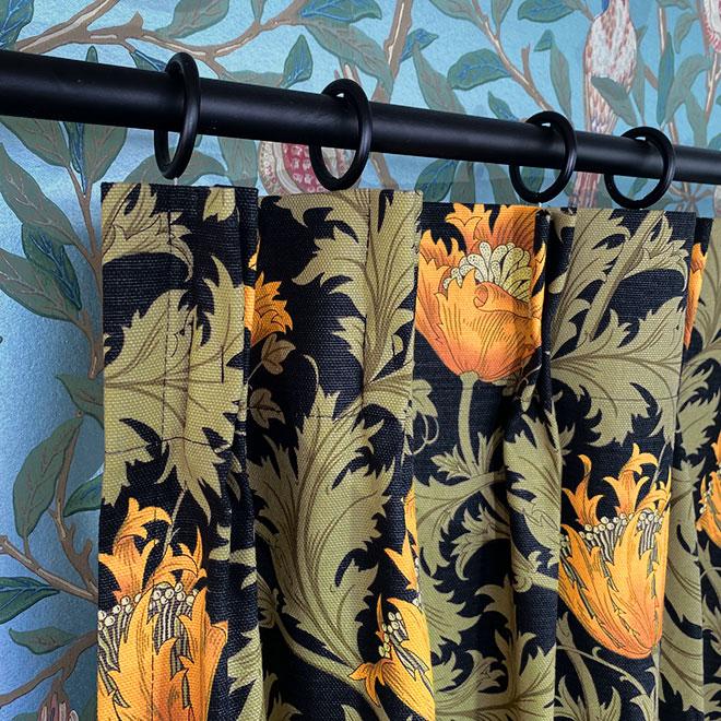 カーテン モリス柄 アネモネ W180×H200 遮光 裏地付き 1.5倍ヒダ 2つ山